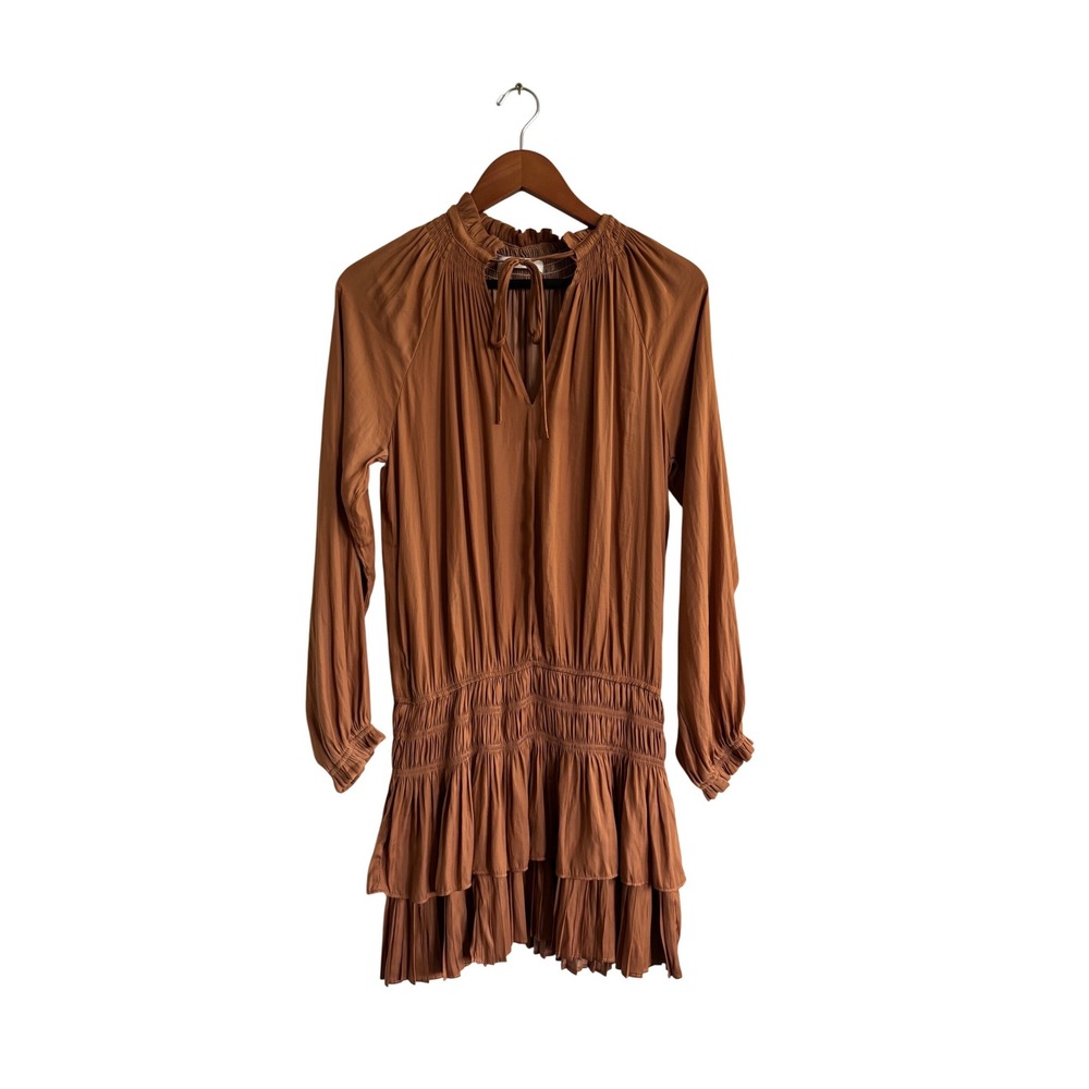 Mustard Seed Smocked Ruffle Mini Dress Tie Neck Long Sleeve‎ Brown Size S